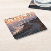 太平洋岸高速道路夕日 スクエアペーパーコースター (アングル)