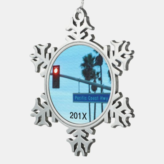 太平洋沿岸のハイウェー1の印|カリフォルニアの記念品 スノーフレークピューターオーナメント (右)