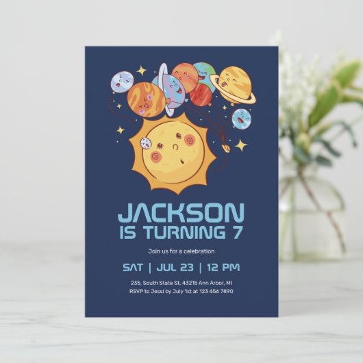 太陽おもしろい惑星宇宙空間子供の誕生日 招待状 (スタンド正面)