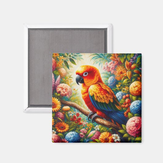 太陽がオウムに花をカラフル付ける マグネット (正面/裏面)