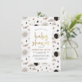 太陽と月と星の金ゴールド男女兼用赤ちゃんシャワー 招待状 (スタンド正面)