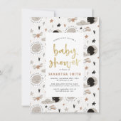 太陽と月と星の金ゴールド男女兼用赤ちゃんシャワー 招待状 (正面)