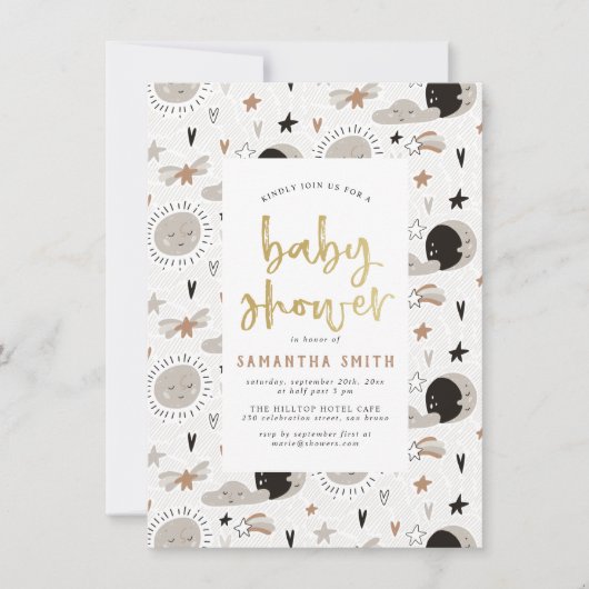 太陽と月と星の金ゴールド男女兼用赤ちゃんシャワー 招待状 (正面)