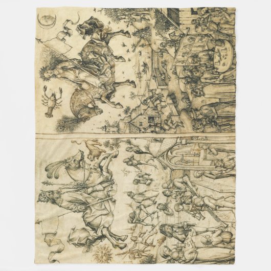 太陽と月のアンティーク白黒占星術スケッチ フリースブランケット (正面)