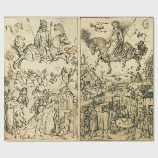 太陽と月のアンティーク白黒占星術スケッチ ラッピングペーパー (フラット)