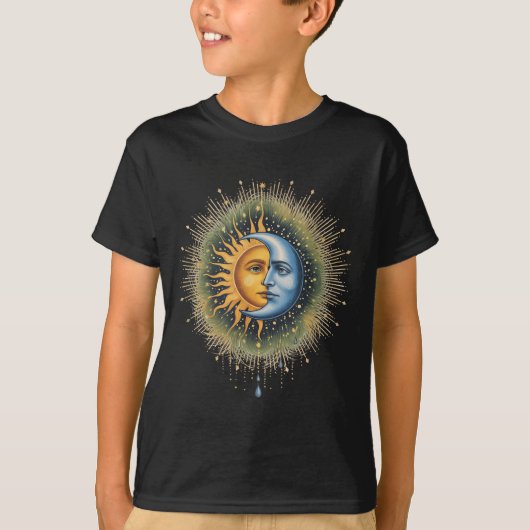 太陽と月の天体ボヘミアン神秘的ヒッピー90年代 Tシャツ (正面)