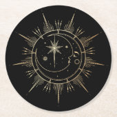 太陽と月の星の天空フェイク金ゴールド黒 ラウンドペーパーコースター (正面)