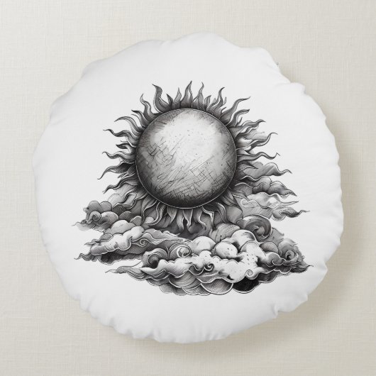 太陽と月の鉛筆スケッチスタイル ラウンドクッション (裏面)