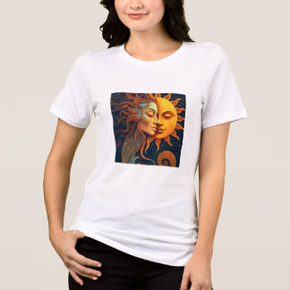 太陽と月の顔Tシャツ - セレスティアルアートTシャツ トライブレンドTシャツ