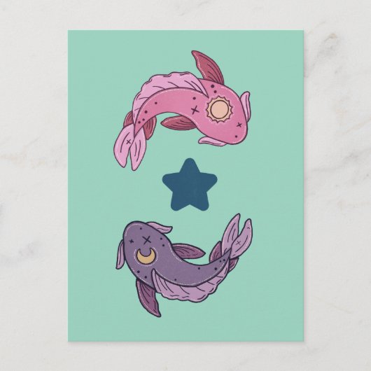 太陽と月の鯉 | 天体の魚座アート ポストカード (正面)