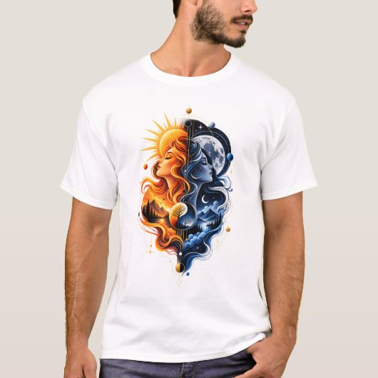 太陽と月 - 天体の宇宙的バランスデザイン Tシャツ (正面)