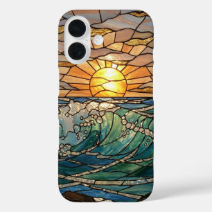 太陽と波のステンドグラスの錯覚 iPhone 16ケース