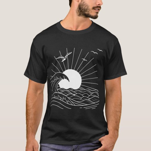 太陽と海波ラインアート Tシャツ (正面)