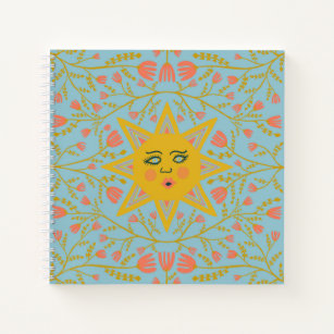 太陽と開花つる植物のパターン青 ノートブック