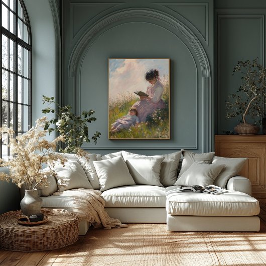 太陽に照らされた牧草地の母と子 – Impressionist ポスター