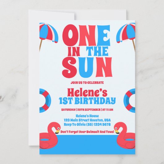 太陽のなかのひとり 南国のビーチの女の子 1歳の誕生日  招待状 (正面)