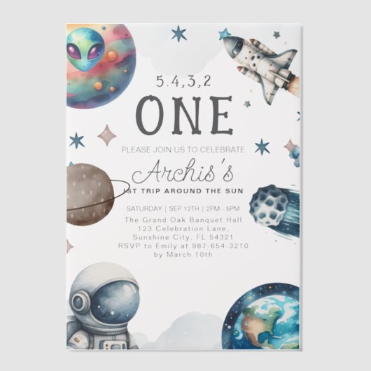 太陽のまわりに宇宙飛行士誕生日 ベラム紙招待状 (正面)