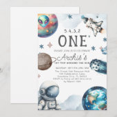 太陽のまわりに宇宙飛行士誕生日 招待状 (正面/裏面)