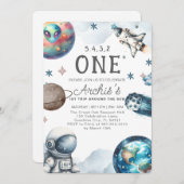 太陽のまわりに宇宙飛行士誕生日 招待状 (正面/裏面)