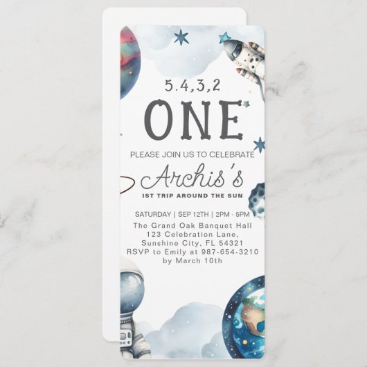 太陽のまわりに宇宙飛行士誕生日 招待状 (正面/裏面)