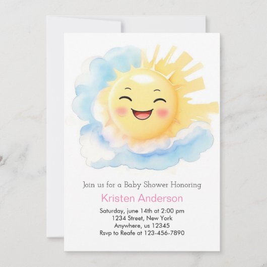 太陽のキスを受けた幸福の女の子ベビーシャワー 招待状 (正面)