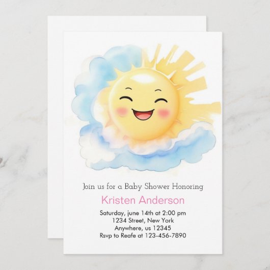 太陽のキスを受けた幸福の女の子ベビーシャワー 招待状 (正面/裏面)