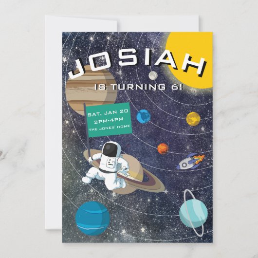 太陽のシステム、宇宙飛行士の誕生日パーティーへの招待 招待状 (正面)
