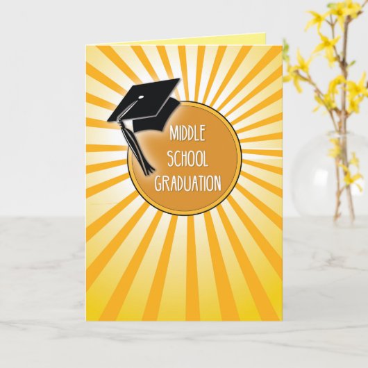 太陽の上の中学校の卒業帽子 カード (黄色い花)