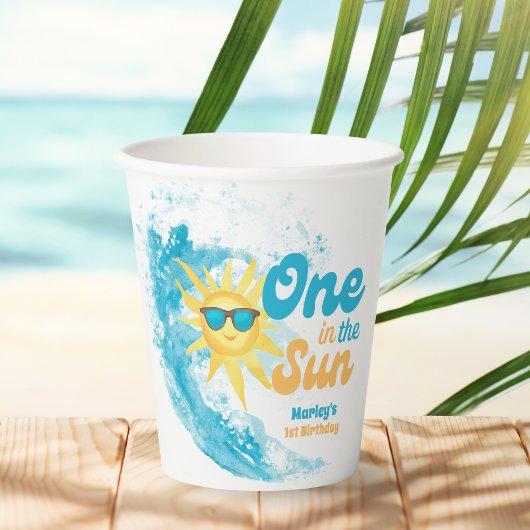 太陽の下でひとつ🌞 サーフィンをテーマにしたビーチでの1歳の誕生日 紙コップ