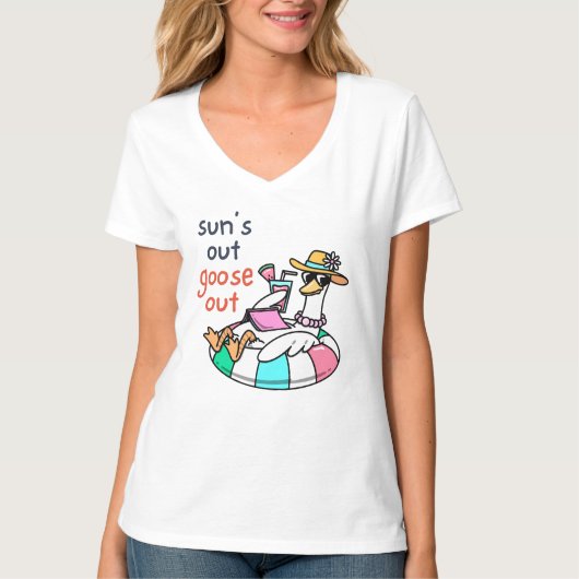 太陽の下でガチョウが出てくる？面白いサマーダック Tシャツ (正面)