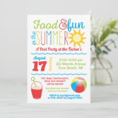 太陽の下で楽しむ カラフルな夏のプールパーティー 招待状 (スタンド正面)