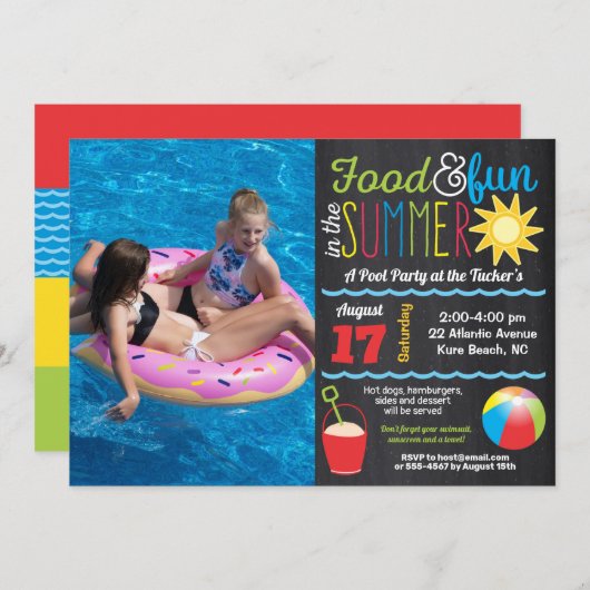 太陽の下で楽しもう！サマープールパーティーの黒板フォト 招待状 (正面/裏面)