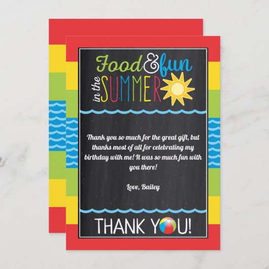 太陽の下で楽しもう！ プールパーティー誕生日ブラックボード サンキューカード (正面/裏面)