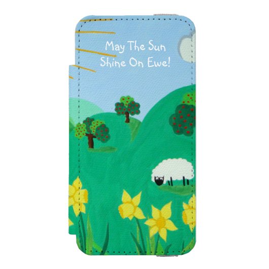 太陽の下にかわいい羊の風光明媚なイラストレーションおもしろい INCIPIO iPhoneウォレットケース (フォリオ 正面)