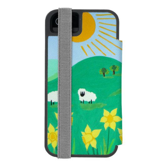 太陽の下にかわいい羊の風光明媚なイラストレーションおもしろい INCIPIO iPhoneウォレットケース (フォリオ裏面)