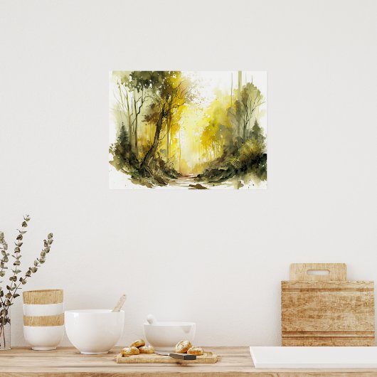 太陽の下に覆われた森林水の色を誘う ポスター (キッチン)