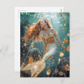 太陽の下に黄金の尾とコインを持つ人魚 シーズンポストカード (正面/裏面)