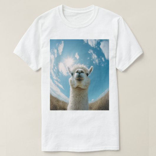 太陽の下の好奇心アルパカ Tシャツ (デザイン正面)