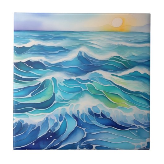 太陽の下の海の波の水色 タイル (正面)