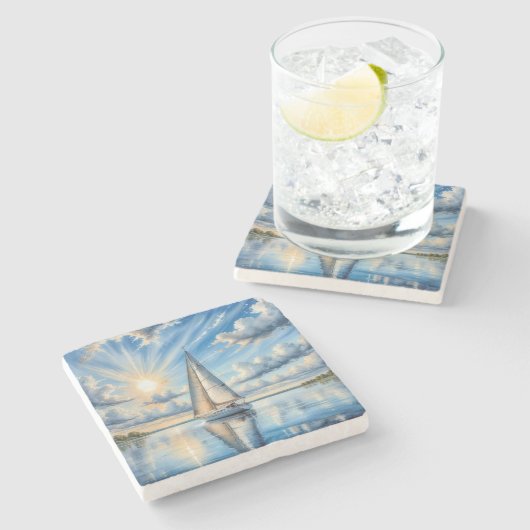 太陽の下を航行する水彩帆船 ストーンコースター (横)