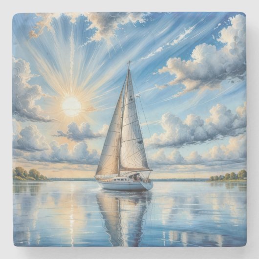 太陽の下を航行する水彩帆船 ストーンコースター (正面)