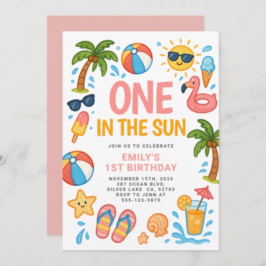 太陽の中の1つ熱帯の1番目の誕生日パーティー 招待状 (正面/裏面)