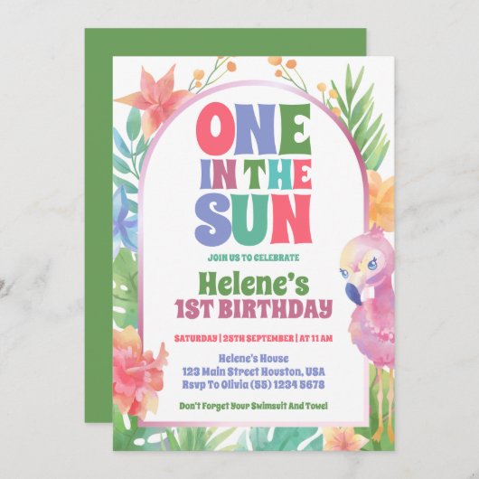 太陽の中の1熱帯の夏の最初の誕生日パーティー 招待状 (正面/裏面)
