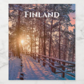 太陽の光で雪の松の森に沈む夕日 ワインラベル (シングルラベル)