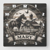 太陽の光と名前で納屋の近くの馬のシルエット スクエア壁時計 (正面)