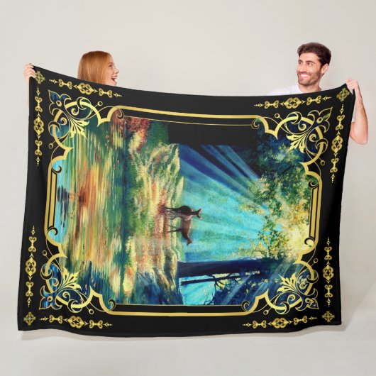 太陽の光の中の鹿の森と水のフリースbl フリースブランケット (インサイチュ)