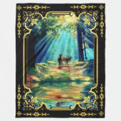 太陽の光の中の鹿の森と水のフリースbl フリースブランケット (正面)