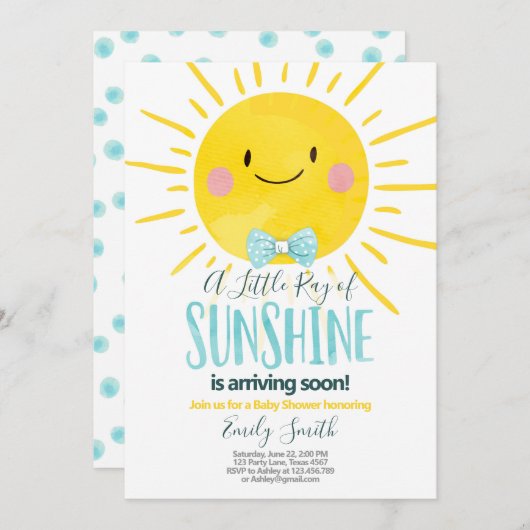 太陽の光の小さな少年の青い赤ちゃんシャワー 招待状 (正面/裏面)