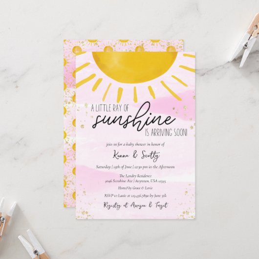 太陽の光の赤ちゃん女の子シャワー 招待状 (正面/裏面インサイチュ)