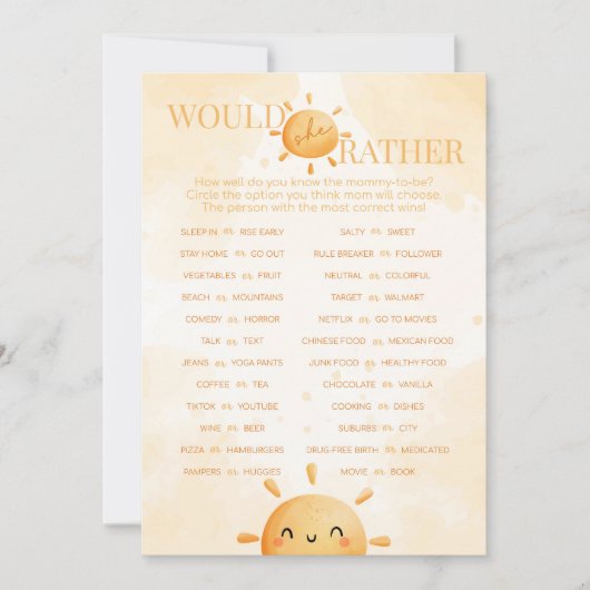 太陽の光は彼女はむしろ赤ちゃんシャワーのゲーム 招待状 (正面)